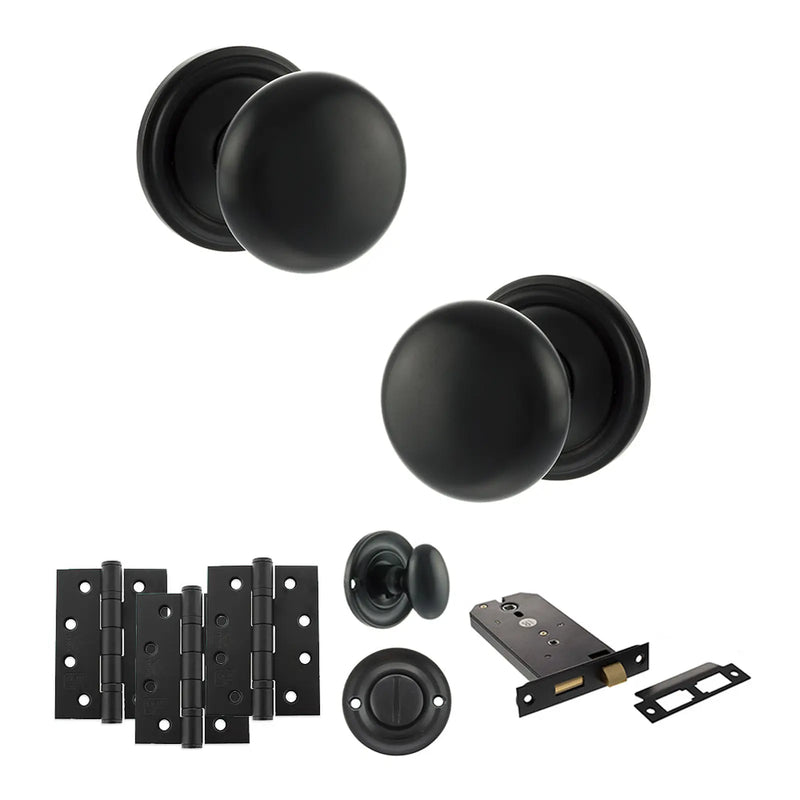 Atlantic Old English Harrogate Door Knob Pack (Lock Set - Horizontal Bathlock, 4" Fire Rated Hinges x3)