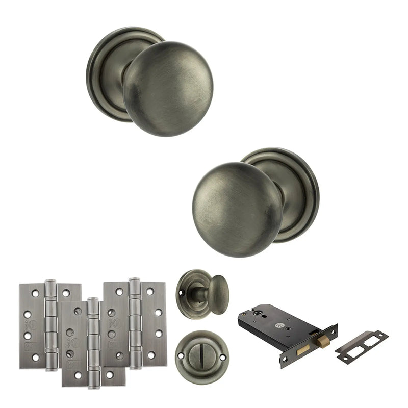 Atlantic Old English Harrogate Door Knob Pack (Lock Set - Horizontal Bathlock, 4" Fire Rated Hinges x3)