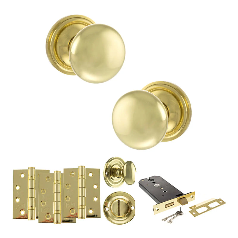 Atlantic Old English Harrogate Door Knob Pack (Lock Set - Horizontal Bathlock, 4" Fire Rated Hinges x3)