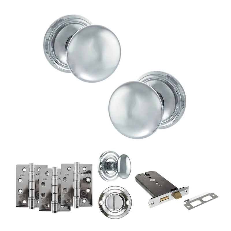 Atlantic Old English Harrogate Door Knob Pack (Lock Set - Horizontal Bathlock, 4" Fire Rated Hinges x3)