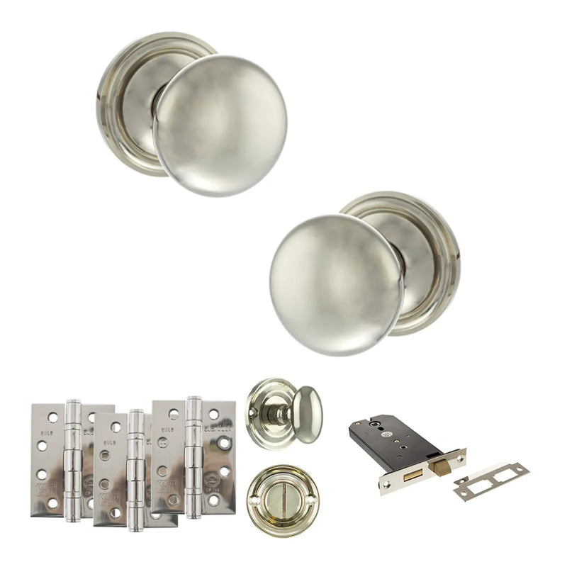 Atlantic Old English Harrogate Door Knob Pack (Lock Set - Horizontal Bathlock, 4" Fire Rated Hinges x3)