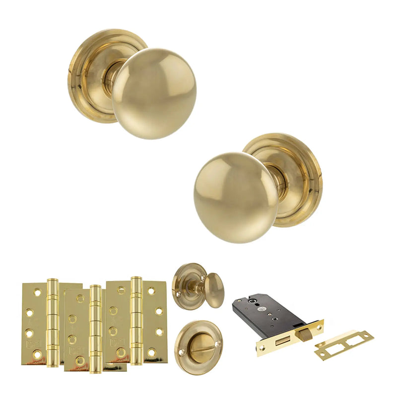 Atlantic Old English Harrogate Door Knob Pack (Lock Set - Horizontal Bathlock, 4" Fire Rated Hinges x3)