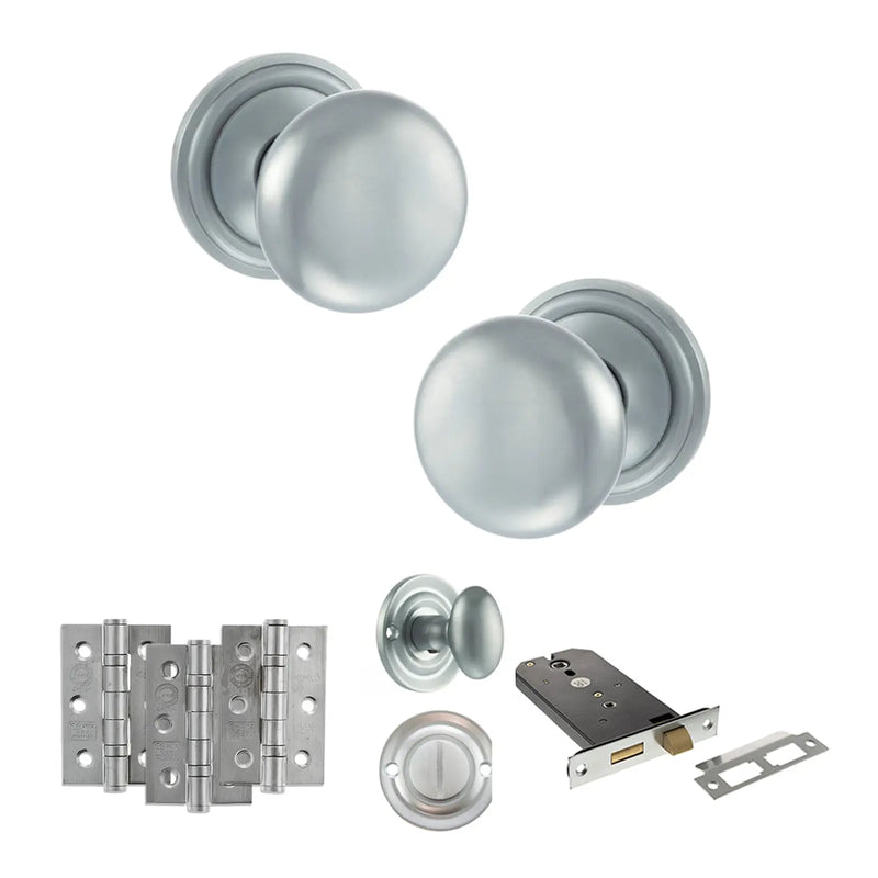 Atlantic Old English Harrogate Door Knob Pack (Lock Set - Horizontal Bathlock, 4" Fire Rated Hinges x3)