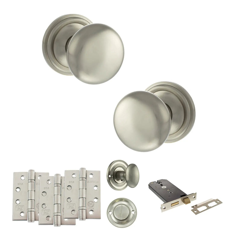 Atlantic Old English Harrogate Door Knob Pack (Lock Set - Horizontal Bathlock, 4" Fire Rated Hinges x3)