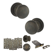 Atlantic Old English Harrogate Door Knob Pack (Lock Set - Horizontal Bathlock, 4" Fire Rated Hinges x3)