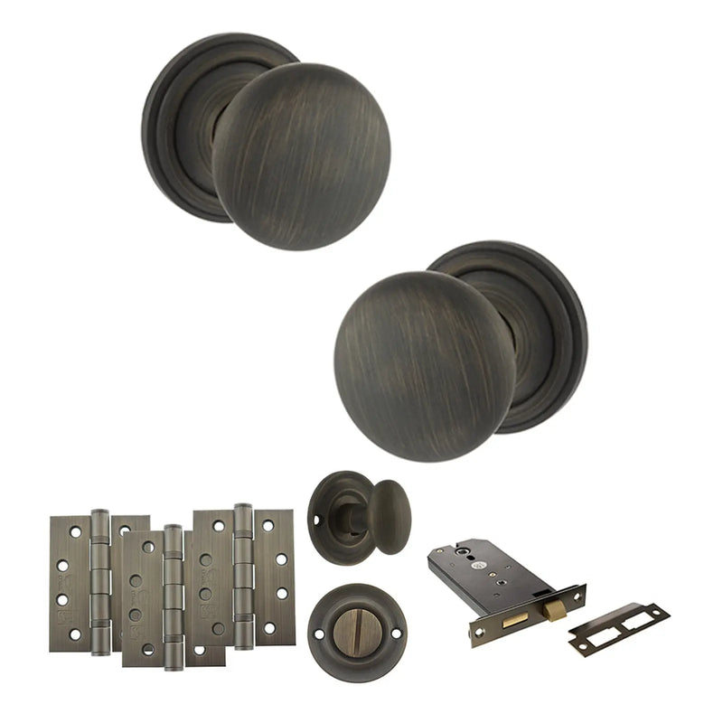 Atlantic Old English Harrogate Door Knob Pack (Lock Set - Horizontal Bathlock, 4" Fire Rated Hinges x3)