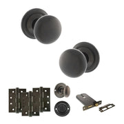 Atlantic Old English Harrogate Door Knob Pack (Lock Set - Horizontal Bathlock, 4" Fire Rated Hinges x3)