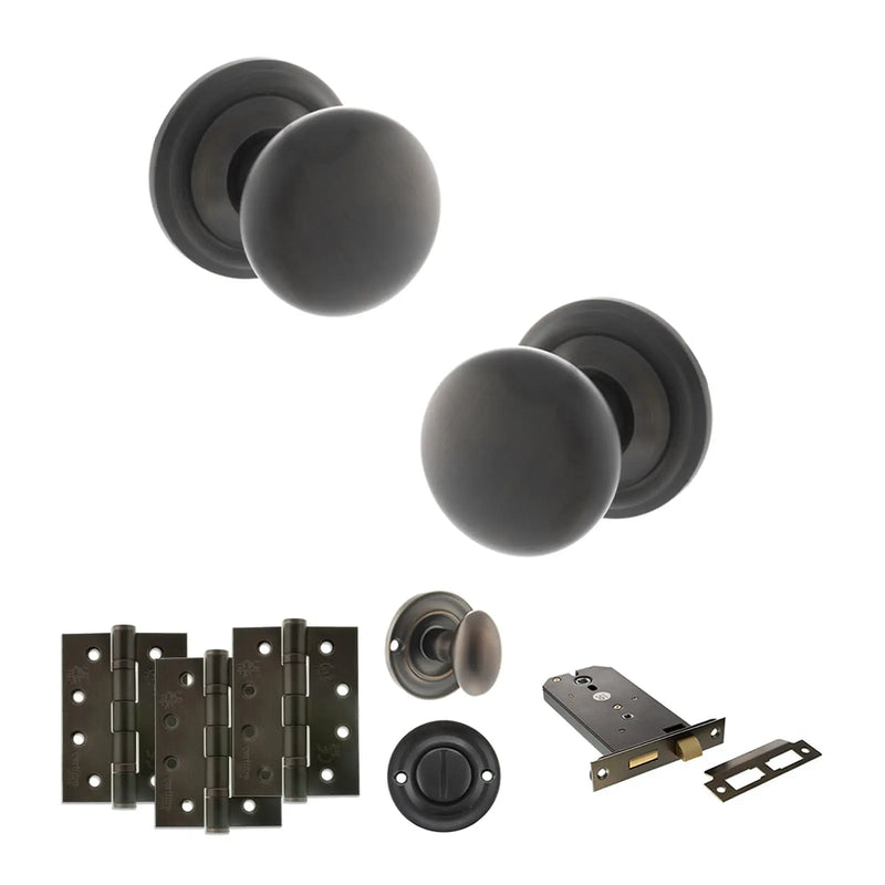 Atlantic Old English Harrogate Door Knob Pack (Lock Set - Horizontal Bathlock, 4" Fire Rated Hinges x3)