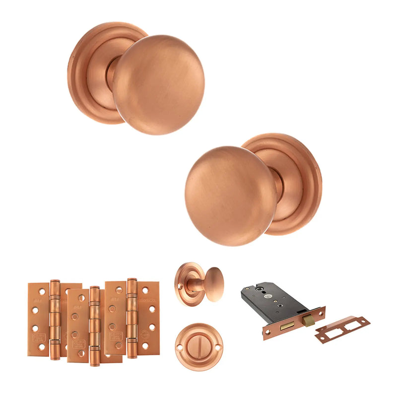 Atlantic Old English Harrogate Door Knob Pack (Lock Set - Horizontal Bathlock, 4" Fire Rated Hinges x3)