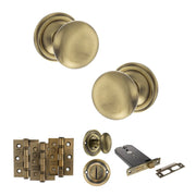 Atlantic Old English Harrogate Door Knob Pack (Lock Set - Horizontal Bathlock, 3" Fire Rated Hinges x3)