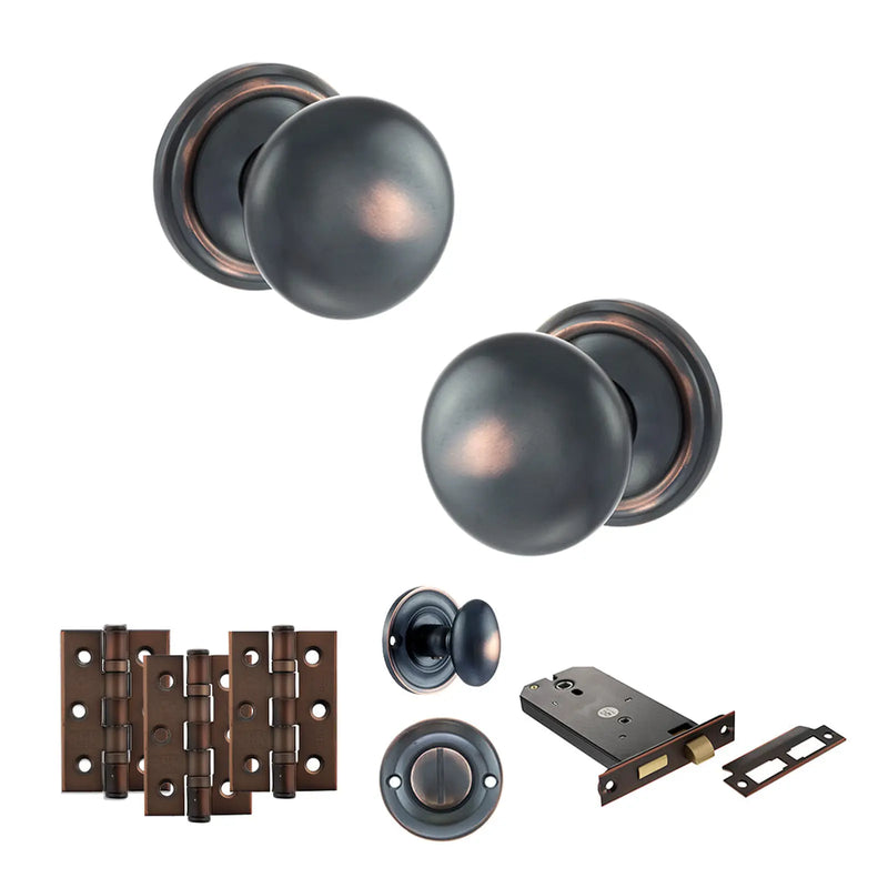 Atlantic Old English Harrogate Door Knob Pack (Lock Set - Horizontal Bathlock, 3" Fire Rated Hinges x3)