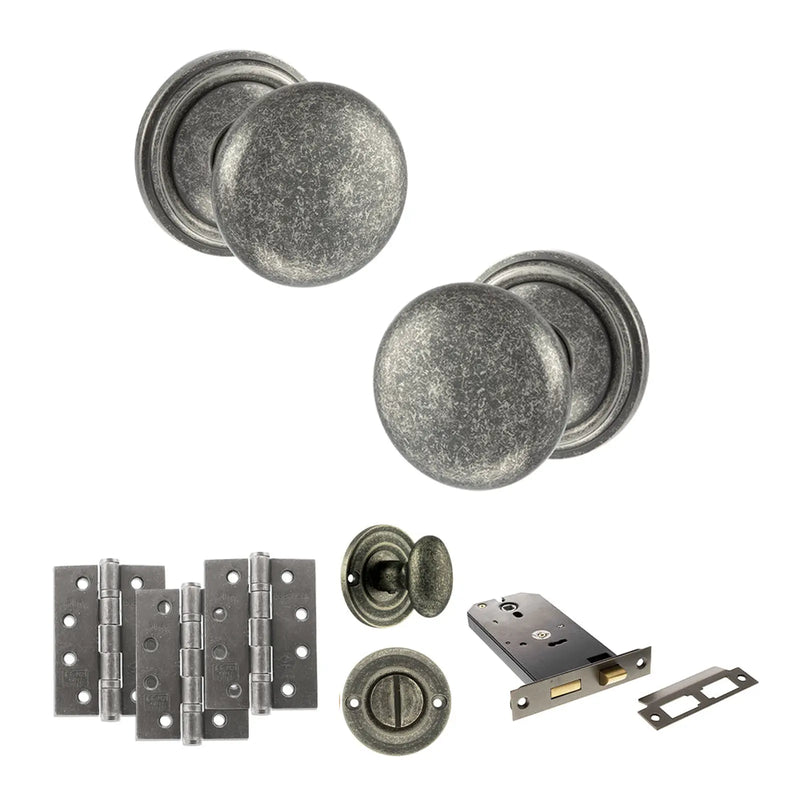 Atlantic Old English Harrogate Door Knob Pack (Lock Set - Horizontal Bathlock, 3" Fire Rated Hinges x3)