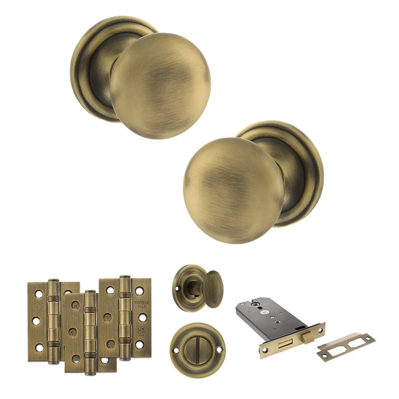 Atlantic Old English Harrogate Door Knob Pack (Lock Set - Horizontal Bathlock, 3" Fire Rated Hinges x3)