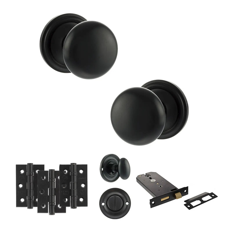 Atlantic Old English Harrogate Door Knob Pack (Lock Set - Horizontal Bathlock, 3" Fire Rated Hinges x3)