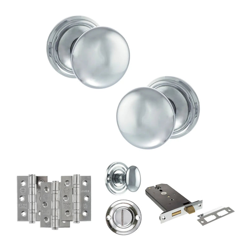 Atlantic Old English Harrogate Door Knob Pack (Lock Set - Horizontal Bathlock, 3" Fire Rated Hinges x3)