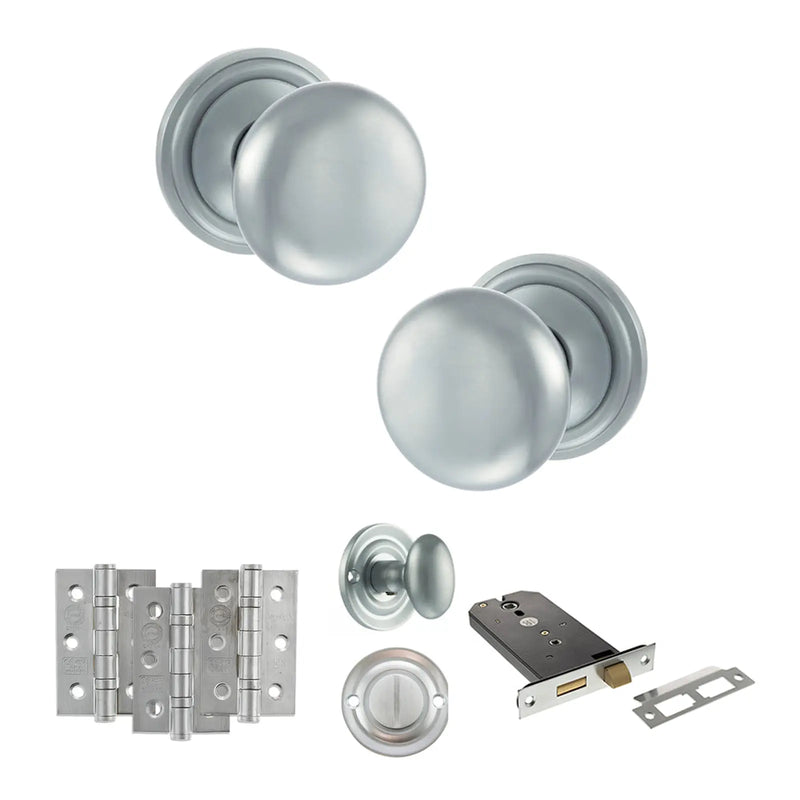Atlantic Old English Harrogate Door Knob Pack (Lock Set - Horizontal Bathlock, 3" Fire Rated Hinges x3)