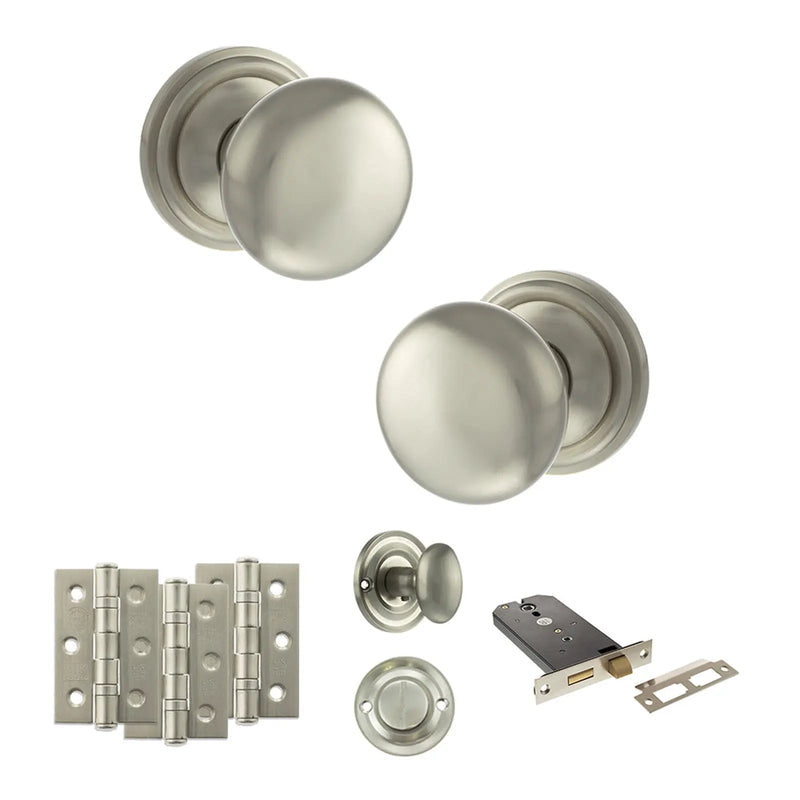 Atlantic Old English Harrogate Door Knob Pack (Lock Set - Horizontal Bathlock, 3" Fire Rated Hinges x3)