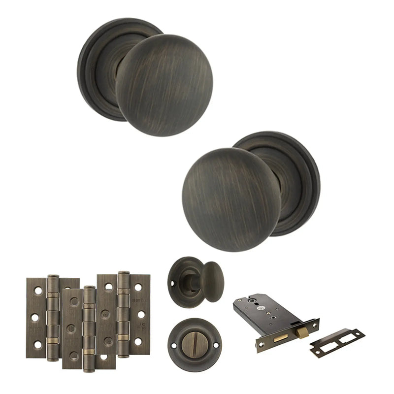 Atlantic Old English Harrogate Door Knob Pack (Lock Set - Horizontal Bathlock, 3" Fire Rated Hinges x3)