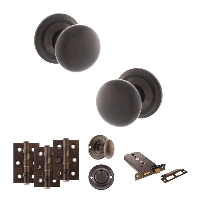 Atlantic Old English Harrogate Door Knob Pack (Lock Set - Horizontal Bathlock, 3" Fire Rated Hinges x3)