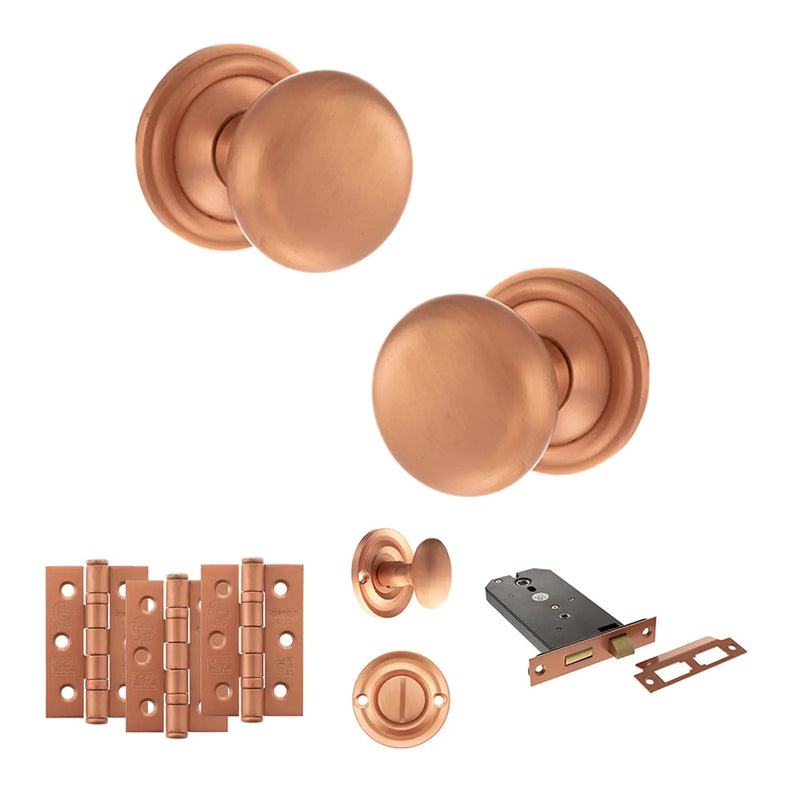 Atlantic Old English Harrogate Door Knob Pack (Lock Set - Horizontal Bathlock, 3" Fire Rated Hinges x3)