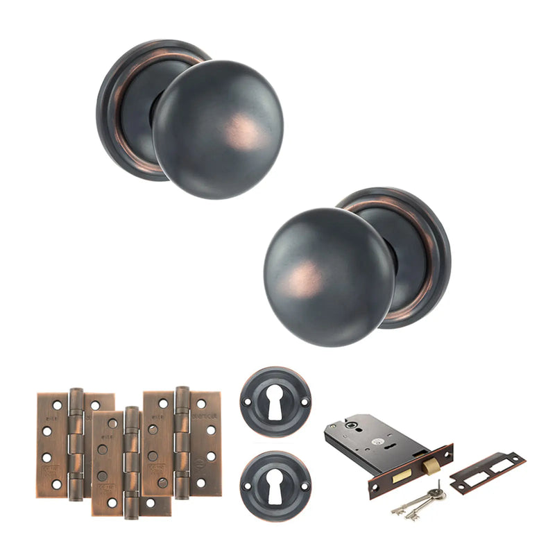 Atlantic Old English Harrogate Door Knob Pack (Lock Set - Horizontal Sashlock, 4" Fire Rated Hinges x3)
