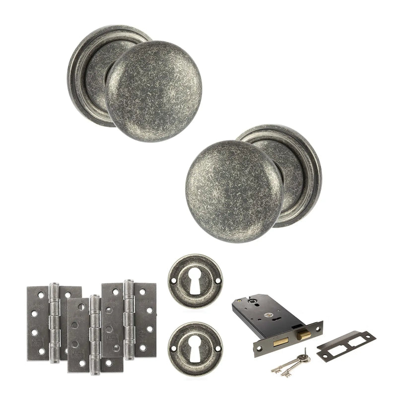 Atlantic Old English Harrogate Door Knob Pack (Lock Set - Horizontal Sashlock, 4" Fire Rated Hinges x3)