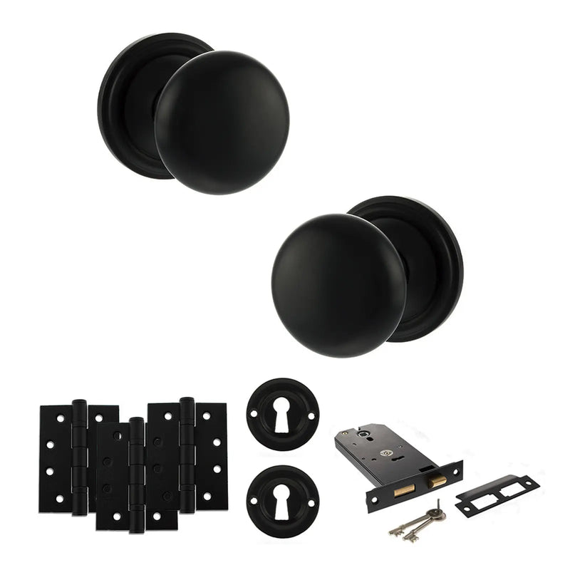 Atlantic Old English Harrogate Door Knob Pack (Lock Set - Horizontal Sashlock, 4" Fire Rated Hinges x3)