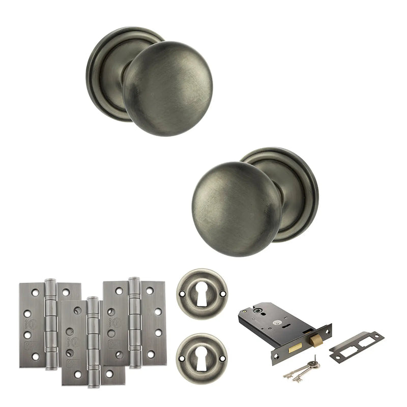 Atlantic Old English Harrogate Door Knob Pack (Lock Set - Horizontal Sashlock, 4" Fire Rated Hinges x3)