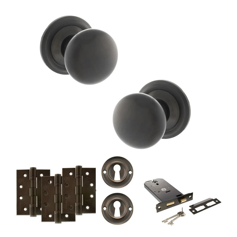Atlantic Old English Harrogate Door Knob Pack (Lock Set - Horizontal Sashlock, 4" Fire Rated Hinges x3)