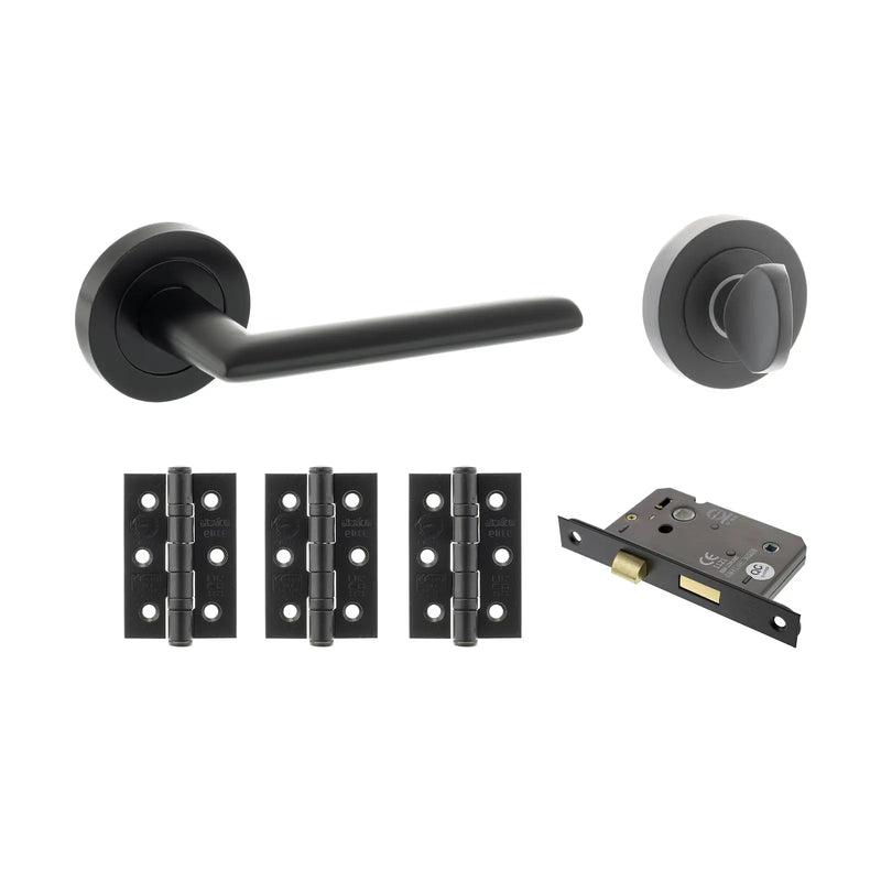 Atlantic STATUS Alabama Door Handle Pack (Bathroom Set - 3" CE Bathroom Lock, 3" Fire Rated Hinges x3)