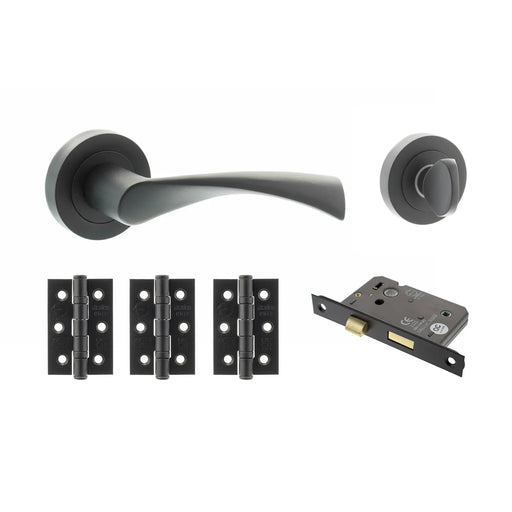 Atlantic STATUS Colorado Door Handle Pack (Bathroom Set - 3" CE Bathroom Lock, 3" Fire Rated Hinges x3)