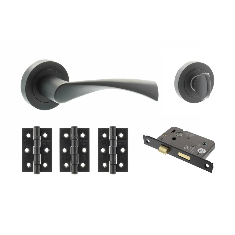 Atlantic STATUS Colorado Door Handle Pack (Bathroom Set - 3" CE Bathroom Lock, 3" Fire Rated Hinges x3)