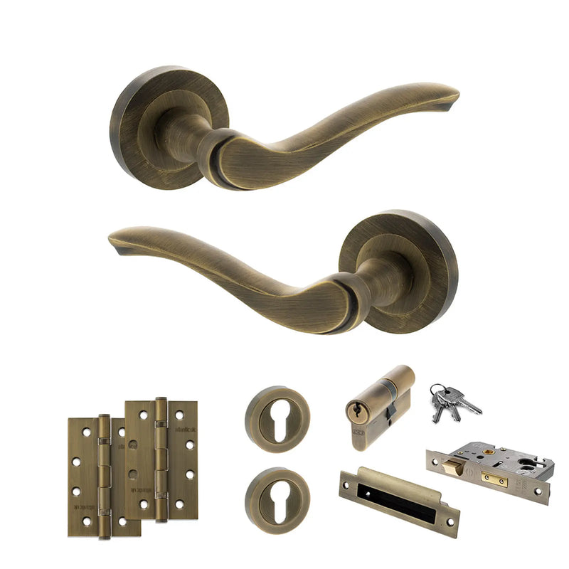 Atlantic Old English Warwick Door Handle Pack (Euro Lock Set - 3" CE Sashlock, 4" Slim Knuckle Hinges x2)