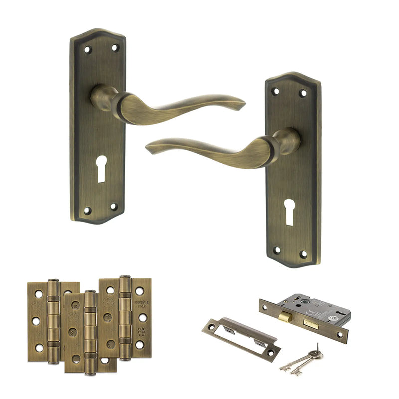 Atlantic Old English Warwick Door Handle Pack (3 Lever Lock Set - 2.5" CE Sashlock, 3" Fire Rated Hinges x3)