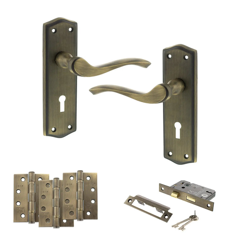 Atlantic Old English Warwick Door Handle Pack (3 Lever Lock Set - 3" CE Sashlock, 4" Fire Rated Hinges x3)