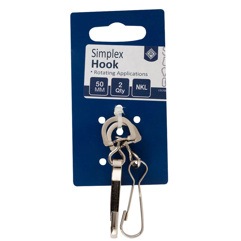 Chain Products Simplex Hook With Swivel 50mm - Nickel Plated - Card of 2