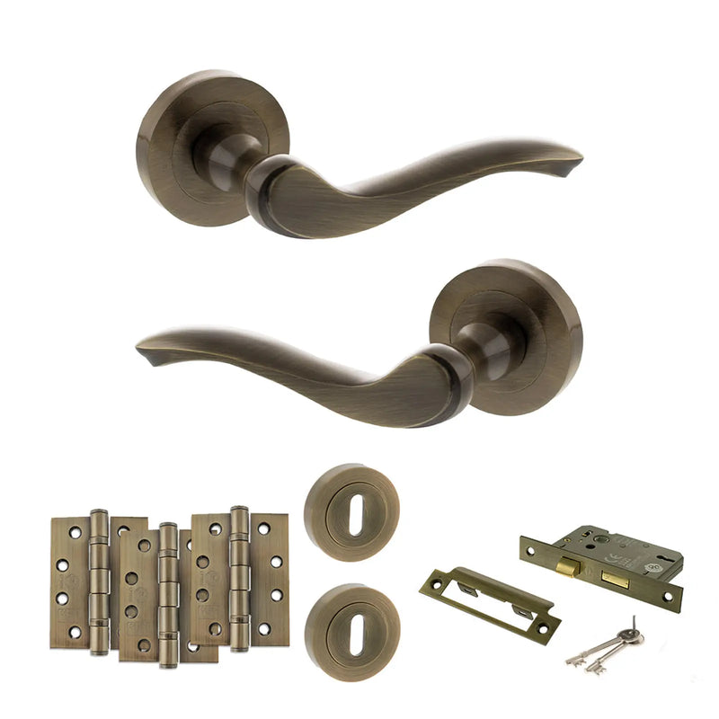 Atlantic Old English Warwick Door Handle Pack (3 Lever Lock Set - 2.5" CE Sashlock, 4" Fire Rated Hinges x3)