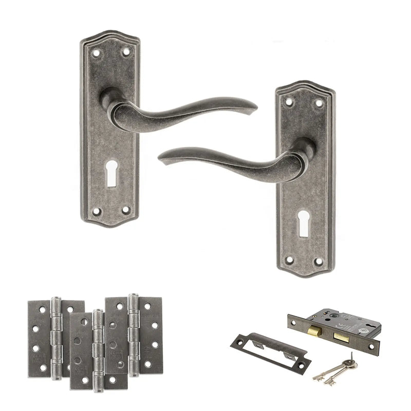 Atlantic Old English Warwick Door Handle Pack (3 Lever Lock Set - 2.5" CE Sashlock, 4" Fire Rated Hinges x3)