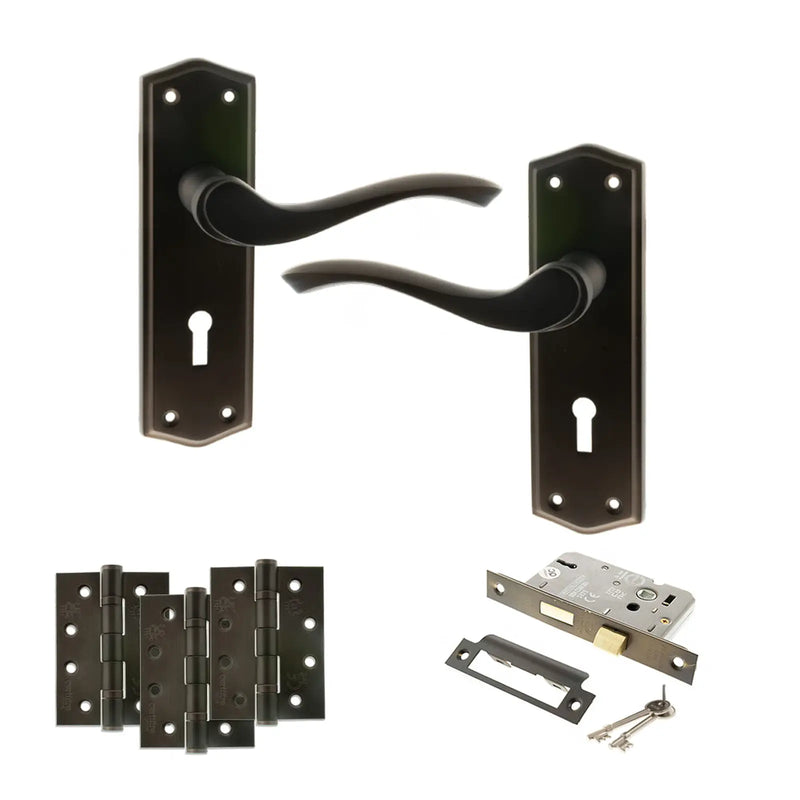 Atlantic Old English Warwick Door Handle Pack (3 Lever Lock Set - 2.5" CE Sashlock, 4" Fire Rated Hinges x3)