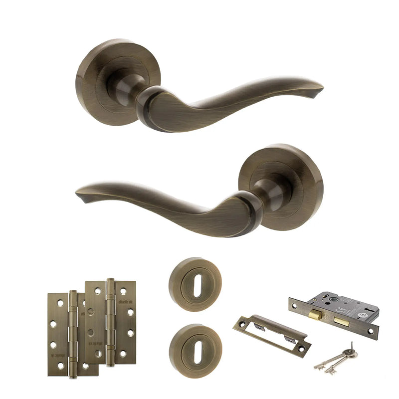 Atlantic Old English Warwick Door Handle Pack (3 Lever Lock Set - 2.5" CE Sashlock, 4" Slim Knuckle Hinges x2)