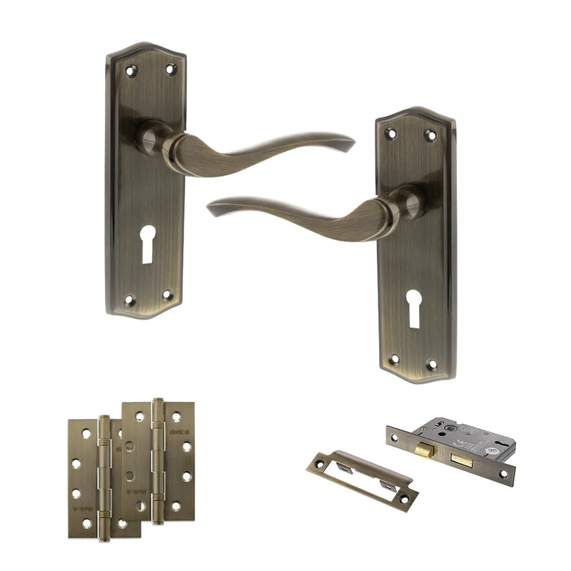Atlantic Old English Warwick Door Handle Pack (3 Lever Lock Set - 2.5" CE Sashlock, 4" Slim Knuckle Hinges x2)