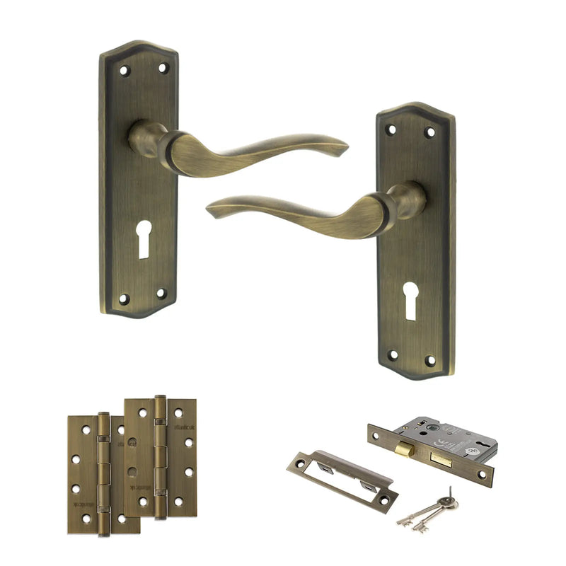 Atlantic Old English Warwick Door Handle Pack (3 Lever Lock Set - 2.5" CE Sashlock, 4" Slim Knuckle Hinges x2)