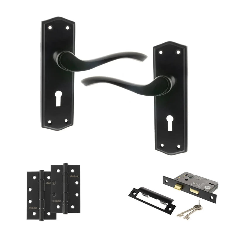 Atlantic Old English Warwick Door Handle Pack (3 Lever Lock Set - 2.5" CE Sashlock, 4" Slim Knuckle Hinges x2)