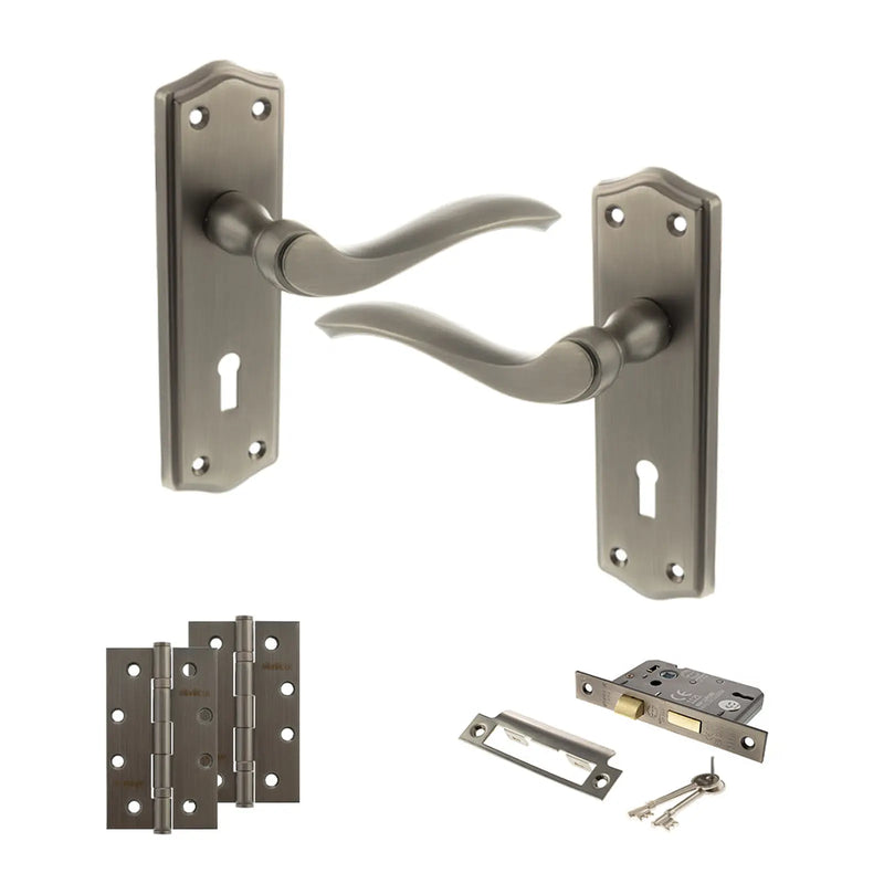 Atlantic Old English Warwick Door Handle Pack (3 Lever Lock Set - 2.5" CE Sashlock, 4" Slim Knuckle Hinges x2)