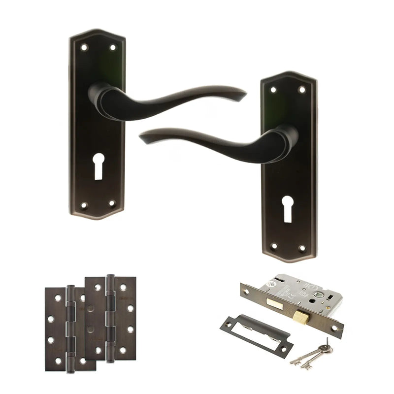Atlantic Old English Warwick Door Handle Pack (3 Lever Lock Set - 2.5" CE Sashlock, 4" Slim Knuckle Hinges x2)
