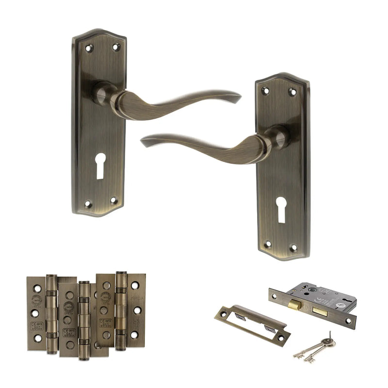 Atlantic Old English Warwick Door Handle Pack (3 Lever Lock Set - 3" CE Sashlock, 3" Fire Rated Hinges x3)