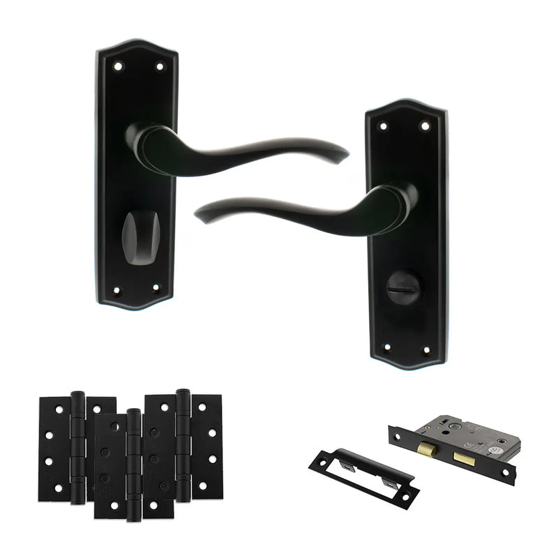 Atlantic Old English Warwick Door Handle Pack (Bathroom Set - 2.5" CE Bathroom Lock, 4" Fire Rated Hinges x3)