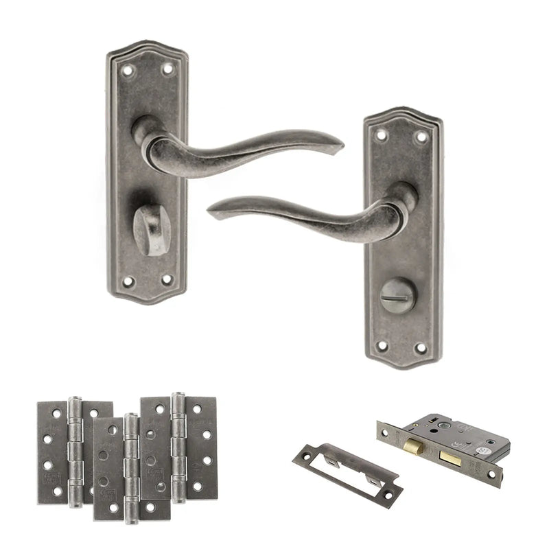 Atlantic Old English Warwick Door Handle Pack (Bathroom Set - 3" CE Bathroom Lock, 4" Fire Rated Hinges x3)