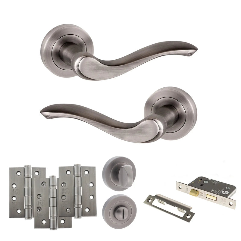 Atlantic Old English Warwick Door Handle Pack (Bathroom Set - 3" CE Bathroom Lock, 4" Fire Rated Hinges x3)