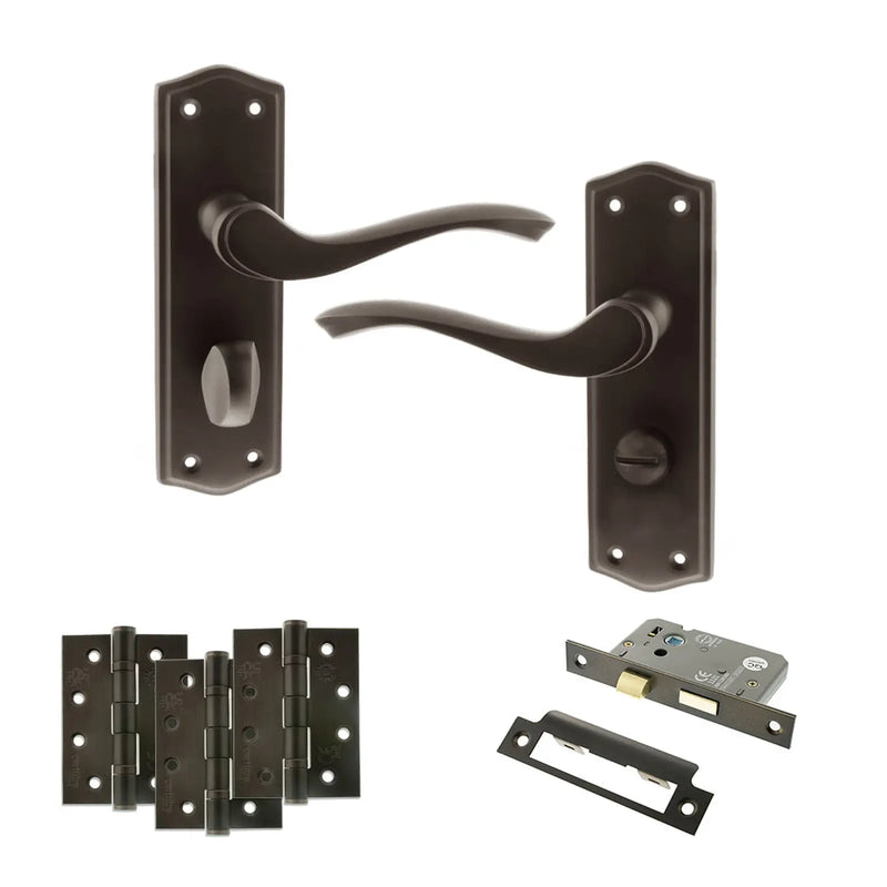 Atlantic Old English Warwick Door Handle Pack (Bathroom Set - 3" CE Bathroom Lock, 4" Fire Rated Hinges x3)